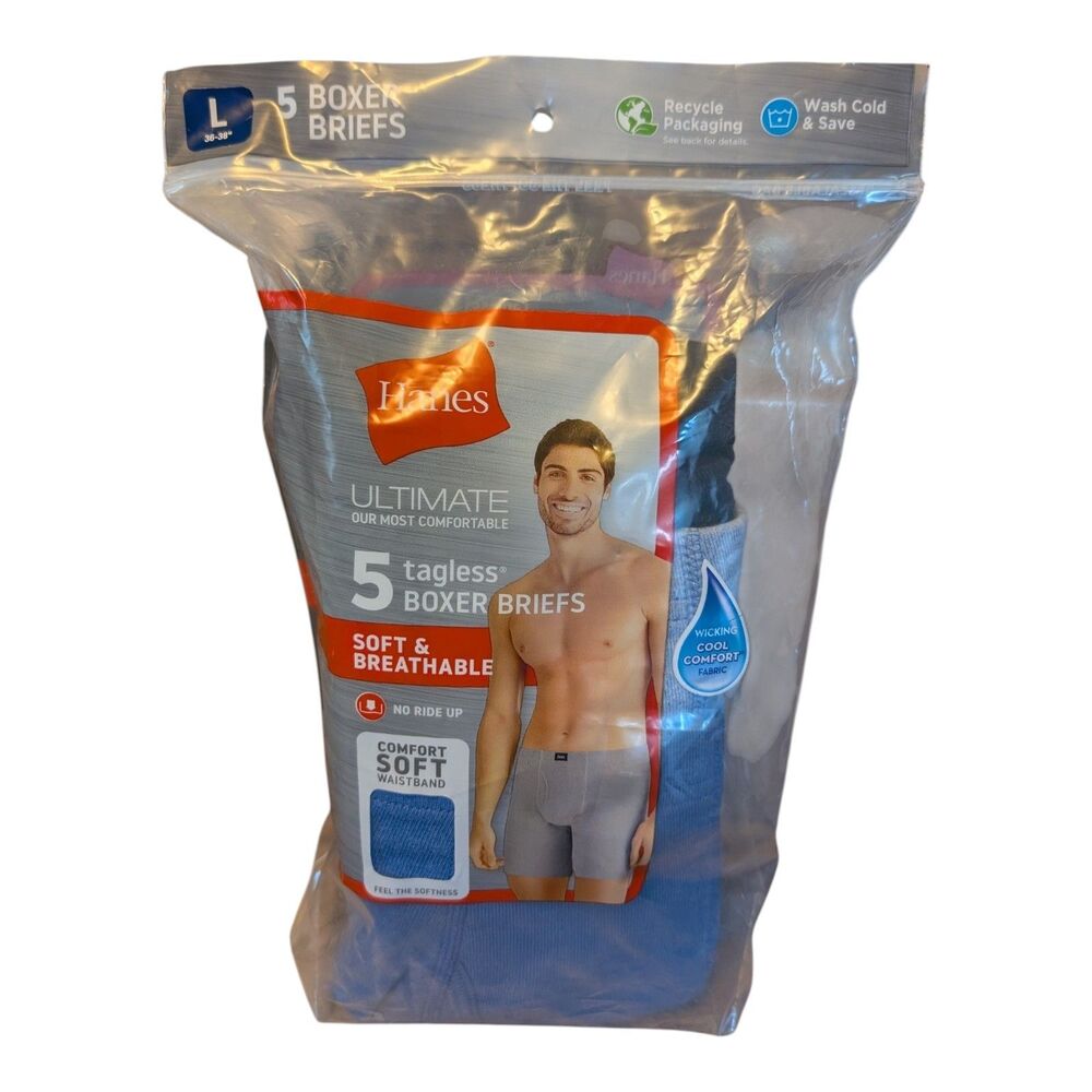 Hanes Men's Tagless Boxer Briefs Size Large 36-38" 5 Pack Blue Gray Brand New